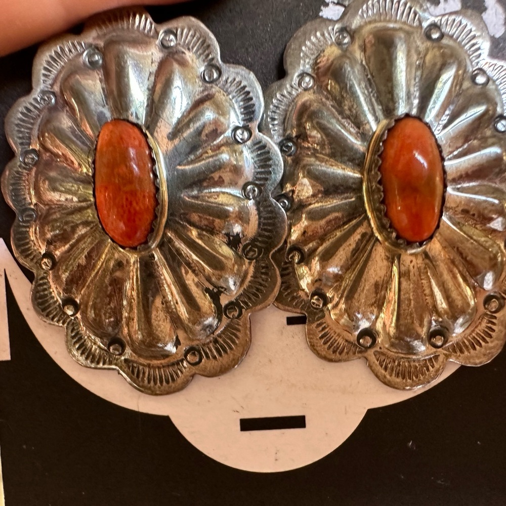 Handmade Silver-Tone Floral Earrings with Orange Stone